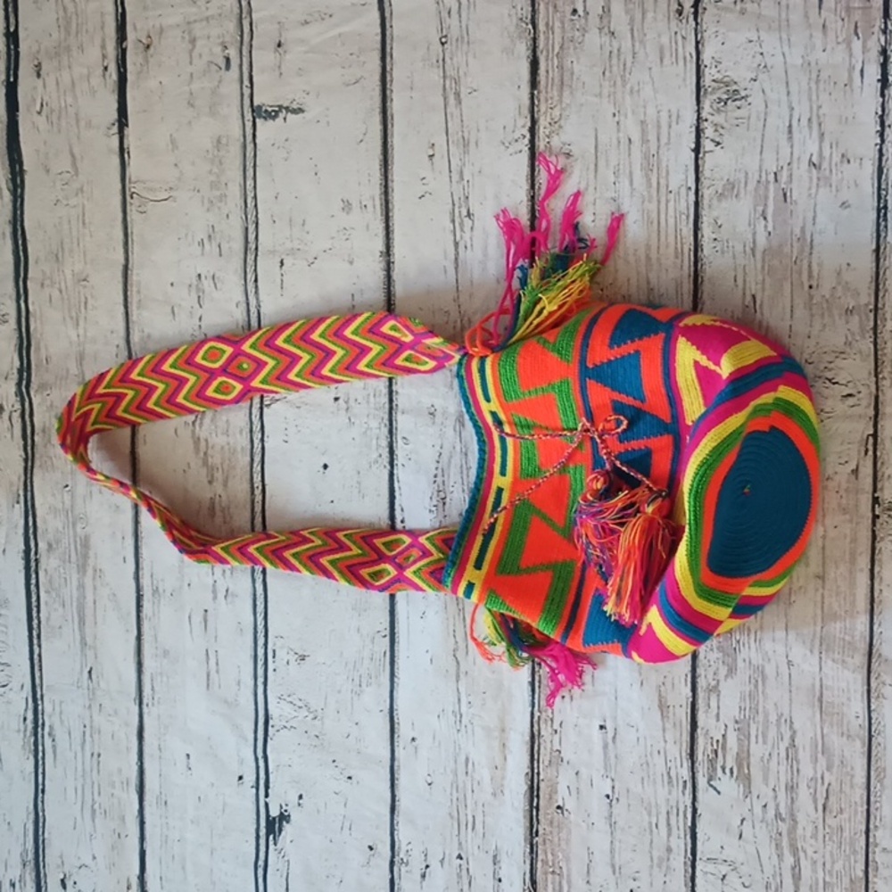 Crochet Neon Blue Orange Pink Handmade Psychedelic Boho Bucket Bag